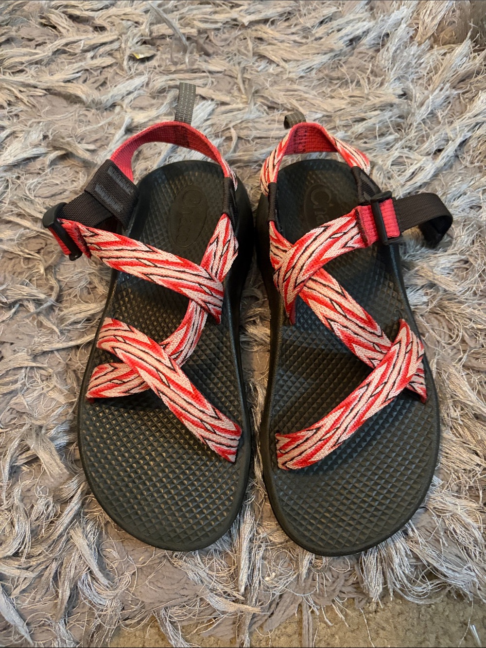 Chaco Kids Red and White Strappy Sandals with Black Footbed